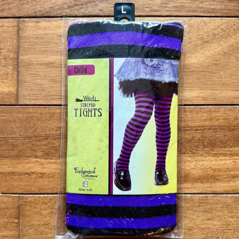 NEW! Purple Black Striped Halloween Costume Witch Tights Child Girl Sz L 44-65lb